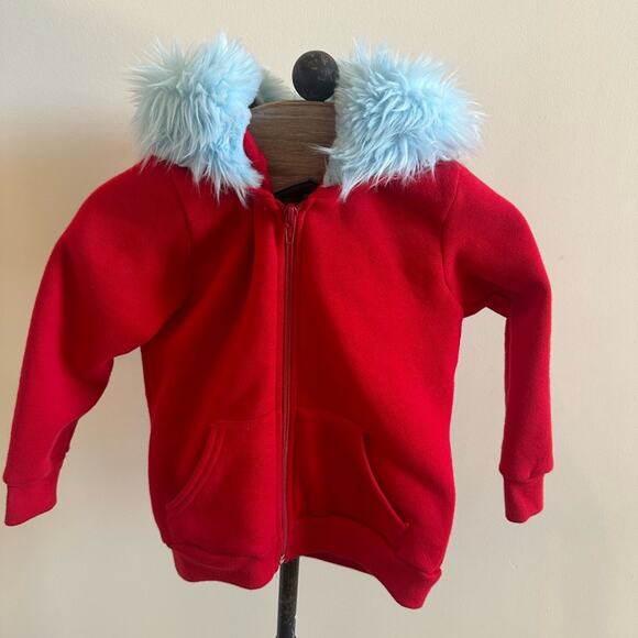 Red Hoodie Boys Girls Size 6 Whimsical Blue Horns Fur Bird Zip Up Handmade - Picture 3 of 10